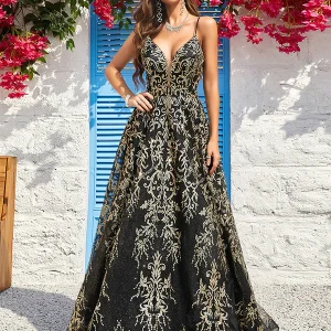 Robe De Bal Longue Noire à Bretelles Spaghetti Dorées