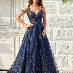 Robe De Bal à Bretelles Spaghetti Et Paillettes Marine